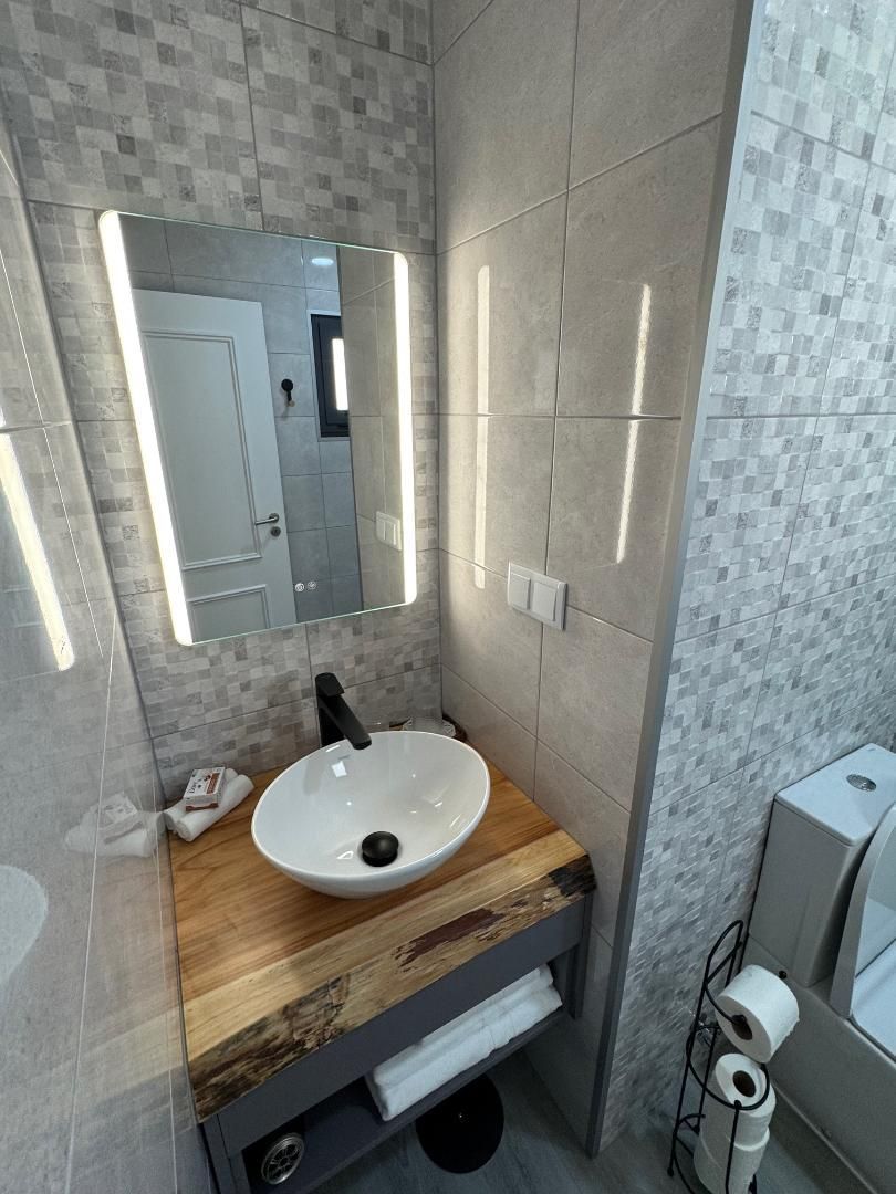 A bathroom with a sink , mirror and toilet.