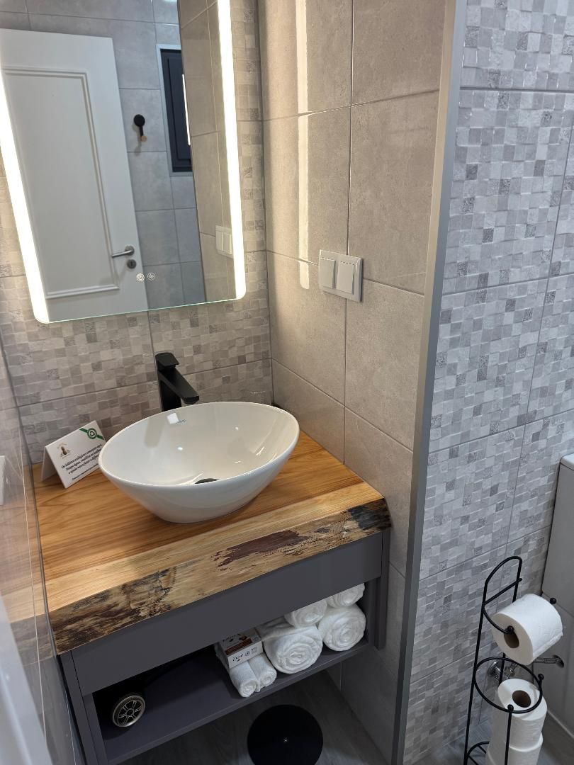 A bathroom with a sink , mirror and toilet paper.