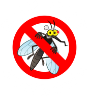 A red circular prohibition sign overlaid on a cartoon mosquito with angry, wide eyes.