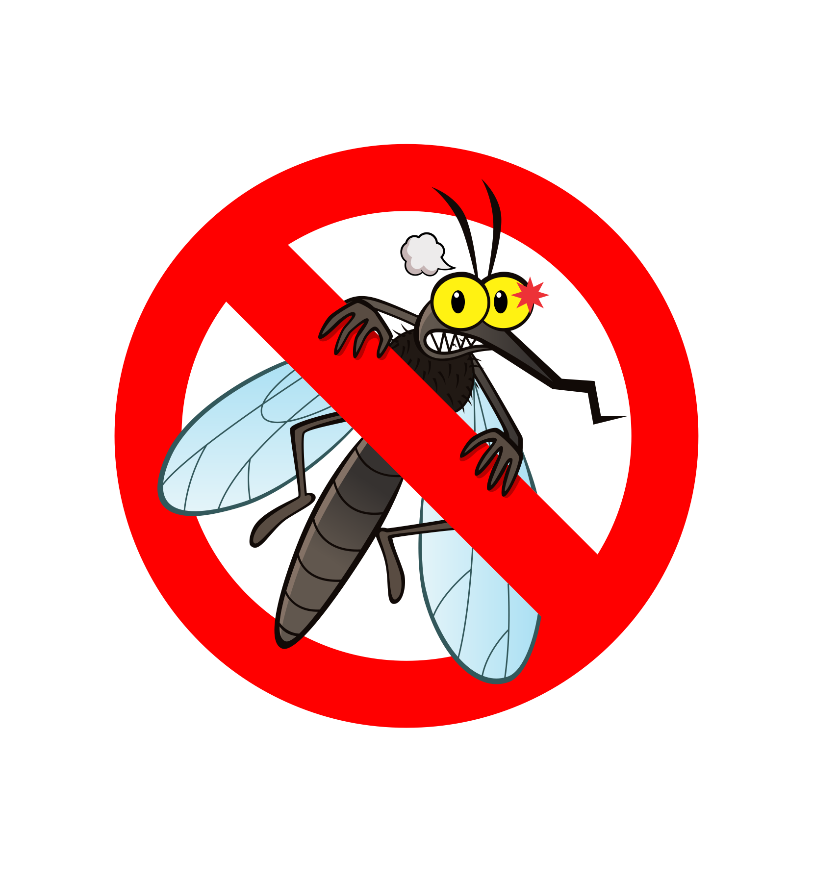 A cartoon mosquito with an angry expression inside a red prohibition circle with a diagonal slash.