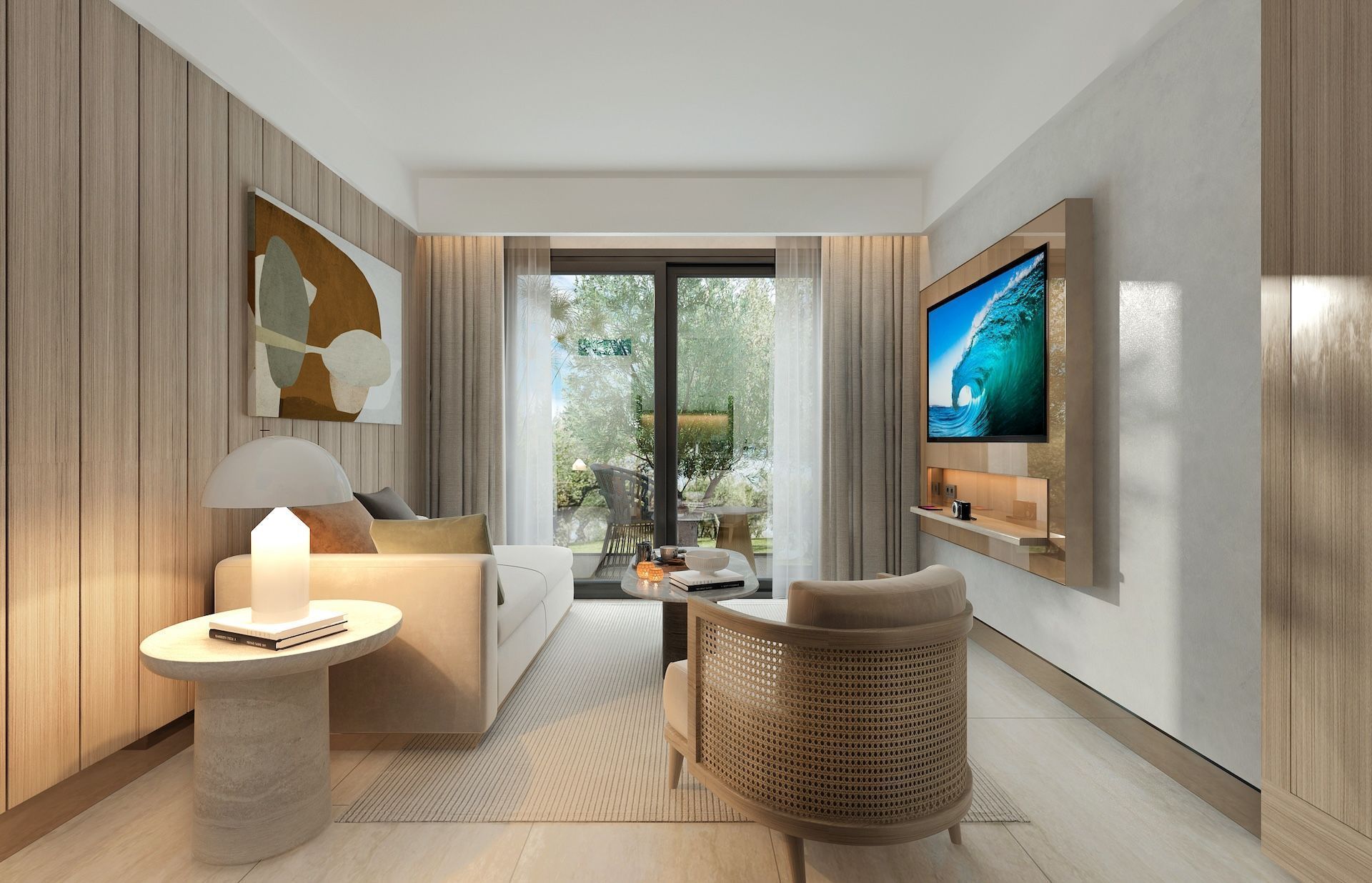 Ruins Luxury Resort'un modern tasarımlı, deniz ve havuz manzaralı deluxe odası