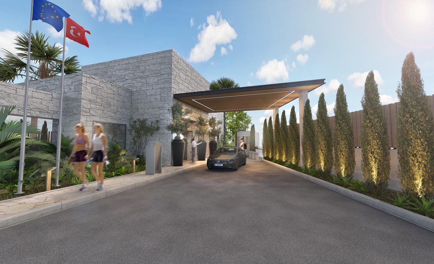 An artist 's impression of a building with a car parked in front of it.