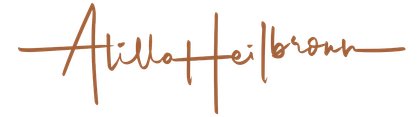 A copper-colored, stylized cursive logo reading 