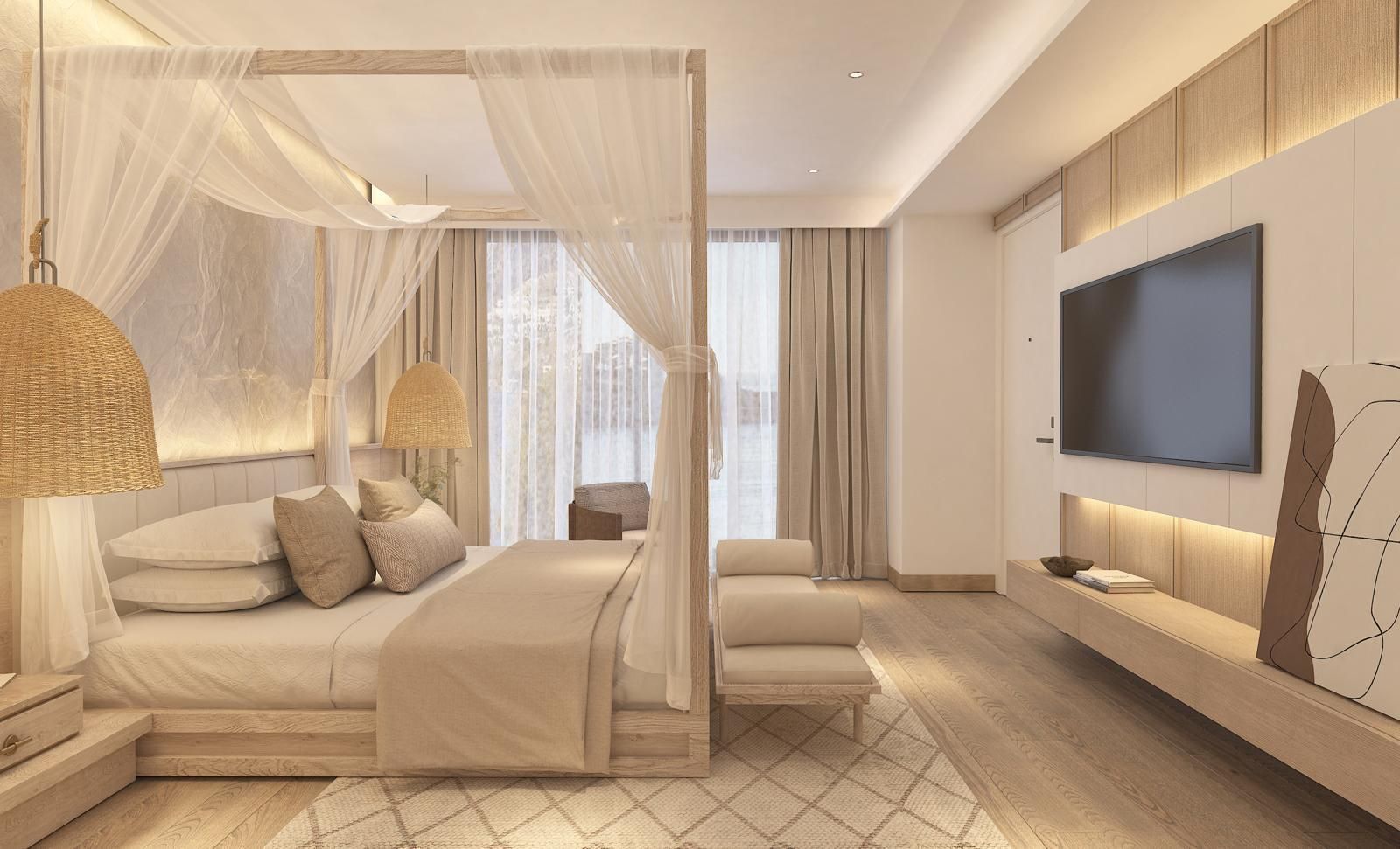 Ruins Luxury Resort'un modern tasarımlı, deniz ve havuz manzaralı deluxe odası