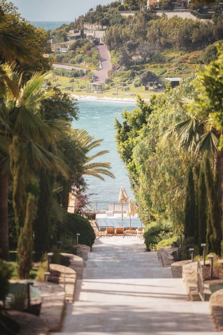 A stone path leads down through lush trees and palms toward a sunlit beach with lounge chairs and the blue sea beyond.