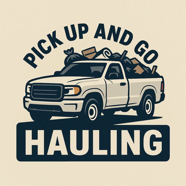 White pickup truck overflowing with trash and debris, labeled "Pick Up and Go Hauling."