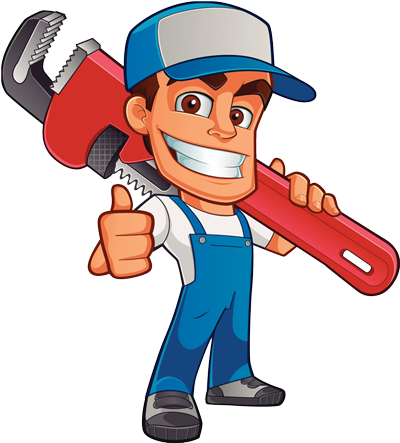 A cartoon plumber is holding a wrench and giving a thumbs up.