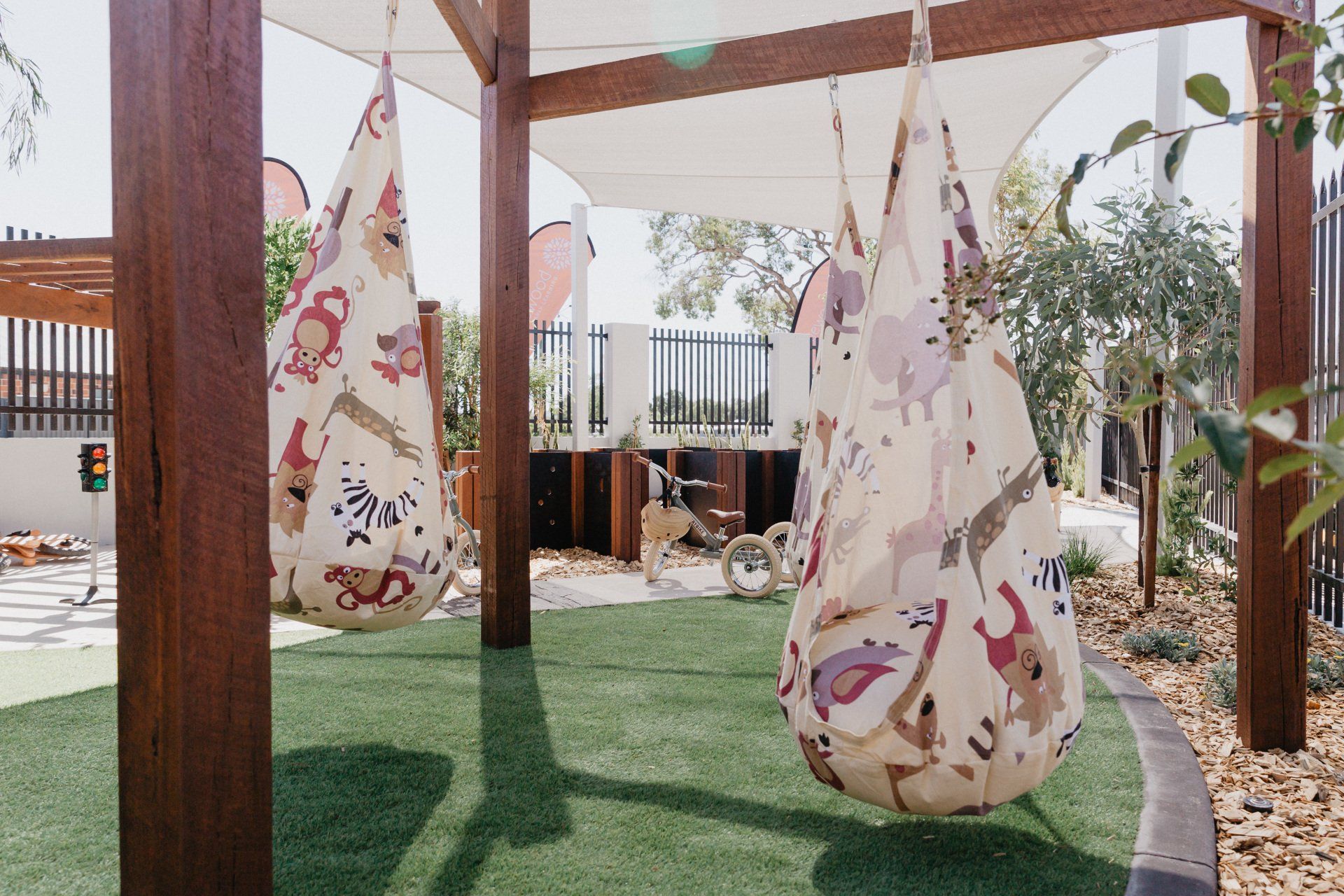 Colorful hanging bag at Sagewood Success Campus Childcare Centre, showcasing a fun and lively design for children.