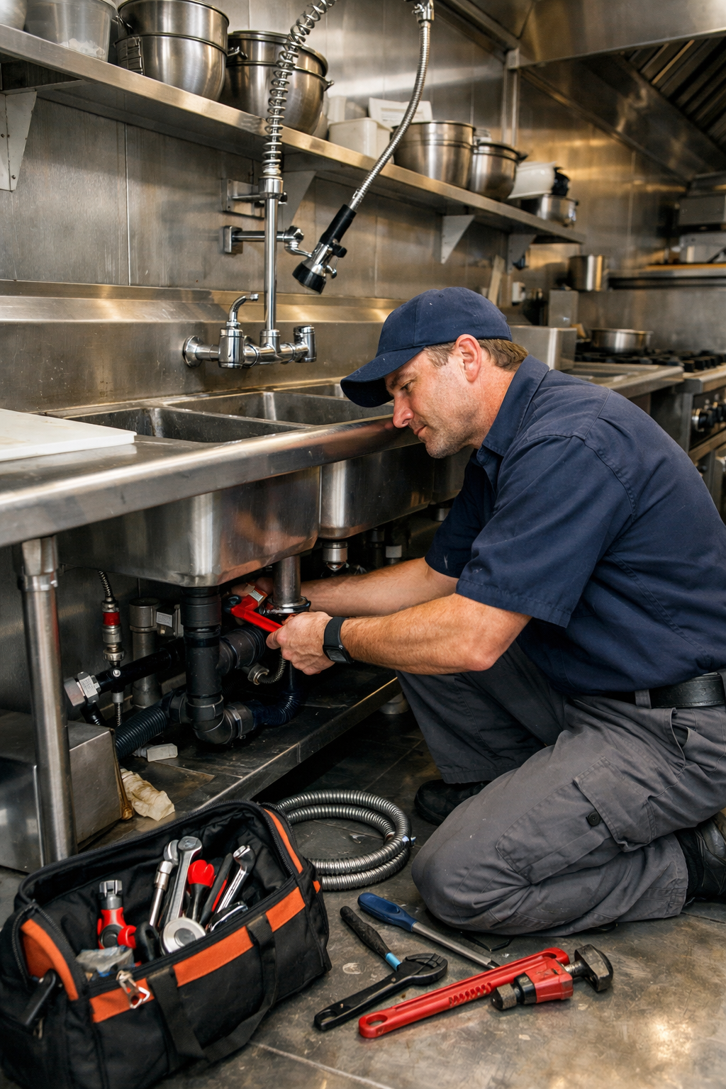 A technician in a blue uniform kneels under a stainless steel commercial kitchen sink to perform plumbing repairs.