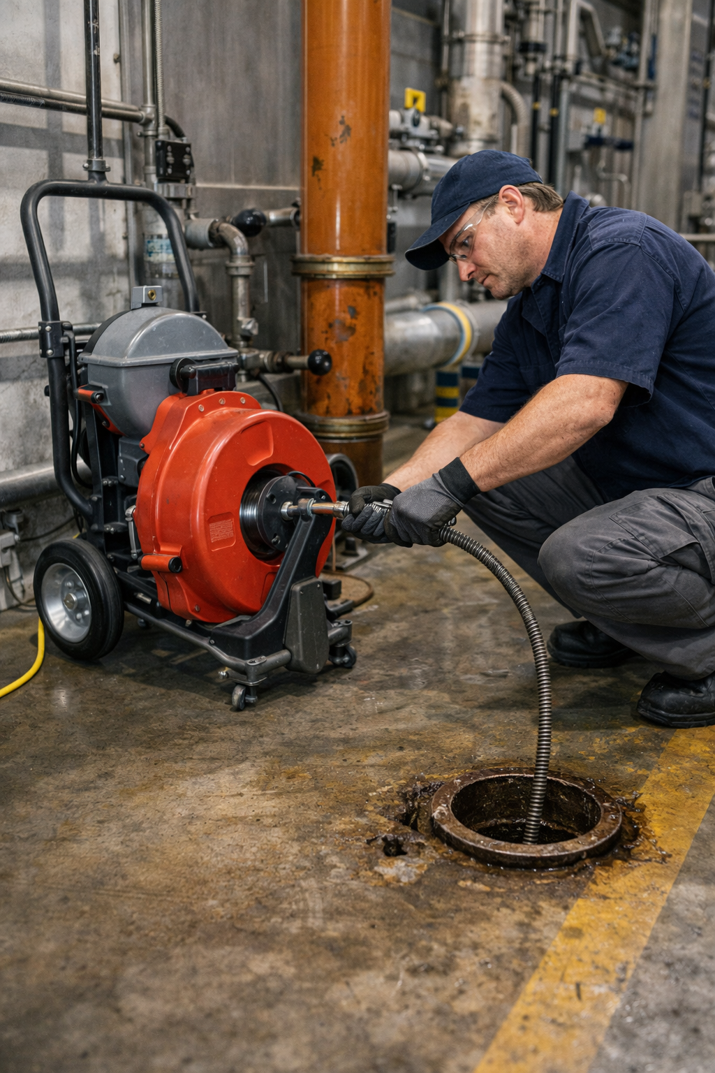 A technician uses a red industrial sewer cleaning machine to clear a drain in a utility room.