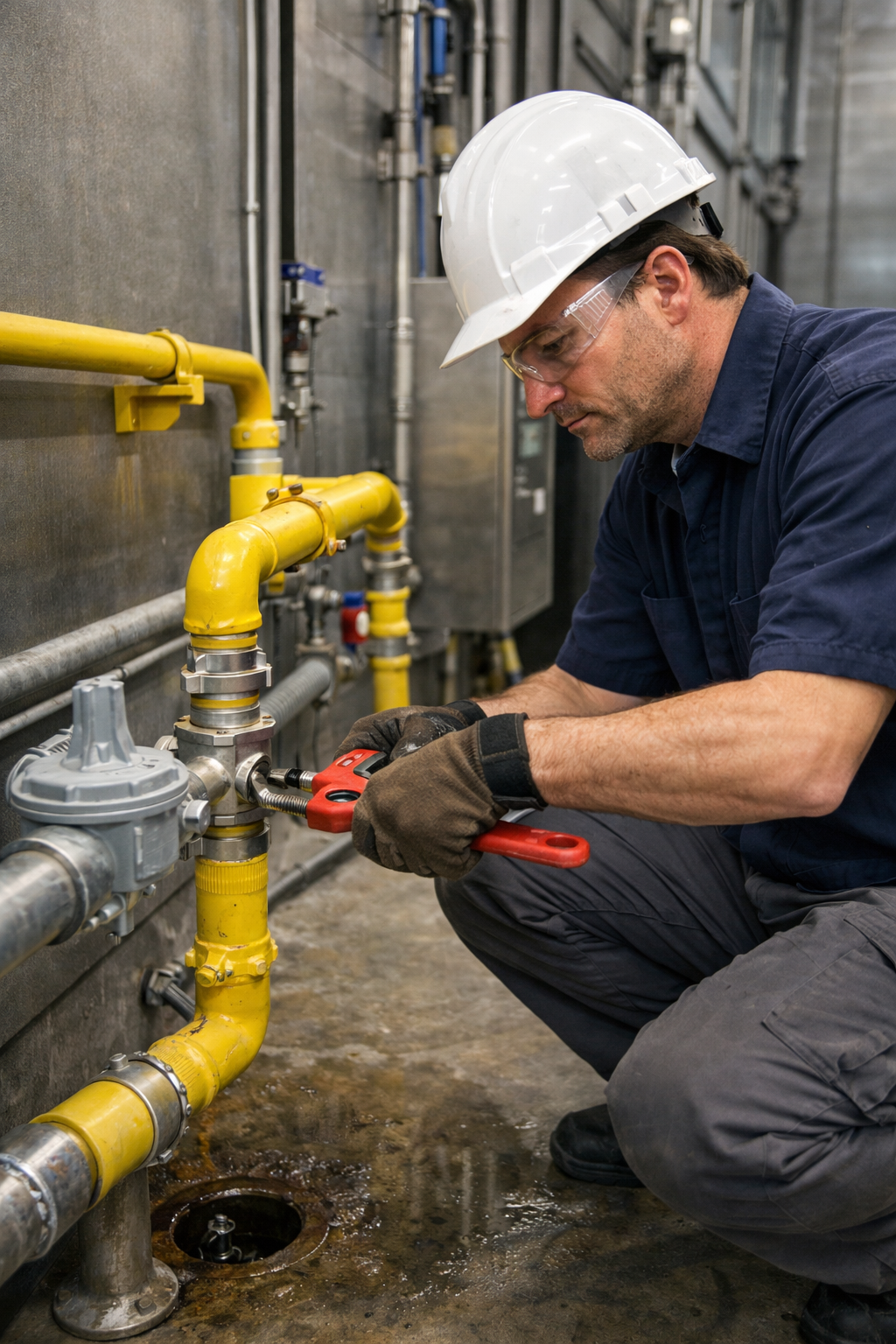 A worker in a hard hat and safety glasses uses a red pipe wrench to tighten a fitting on yellow pipes in an industrial area.