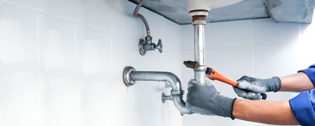 A person wearing grey work gloves uses a pipe wrench to tighten a metal pipe under a sink against a white tiled wall.