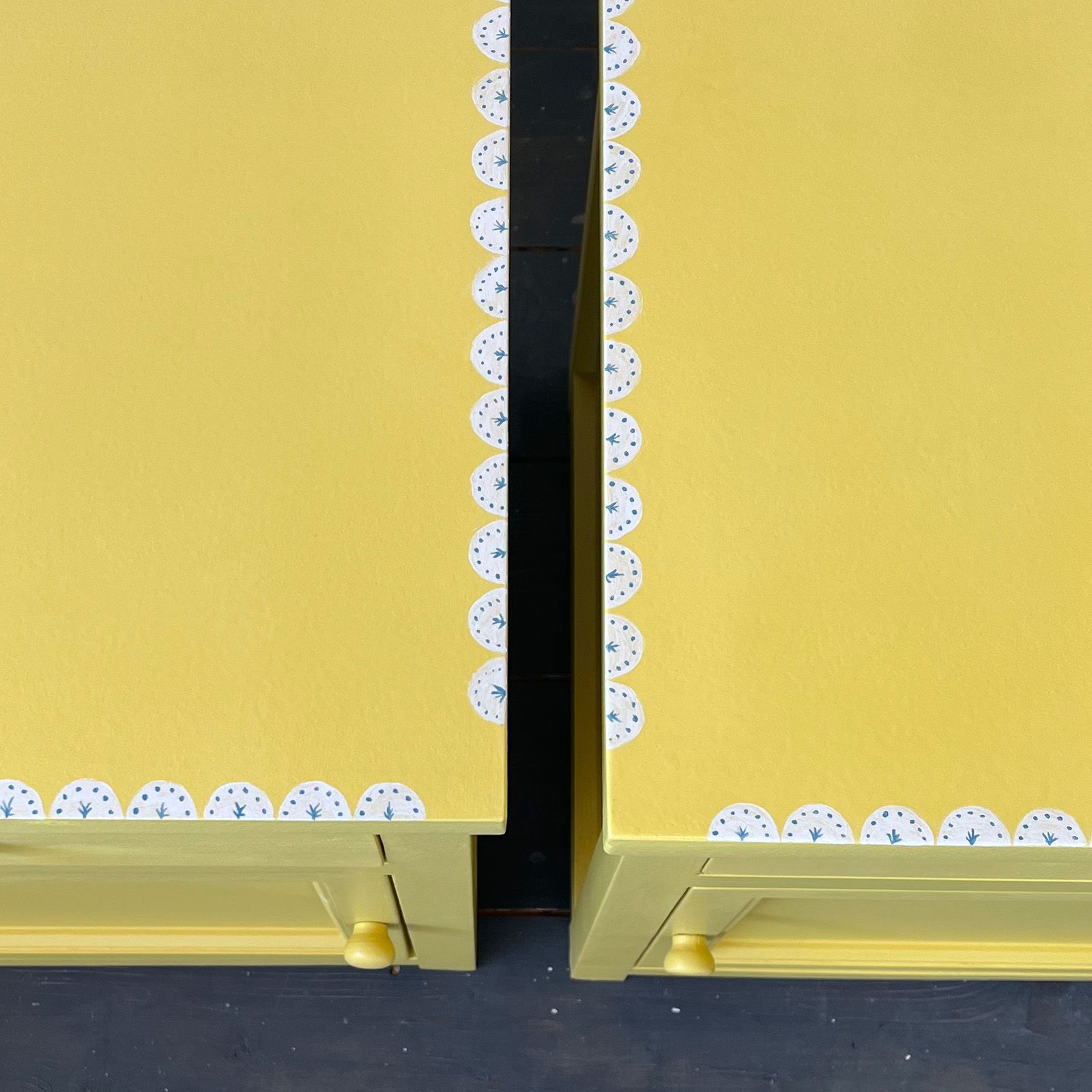 Handpainted top of yellow bedside cabinet