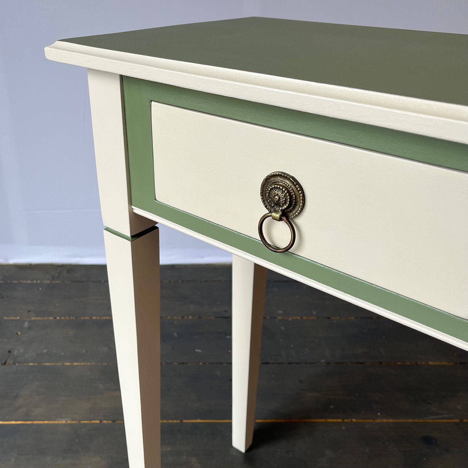 Bedside Tables in green and cream with brass handles