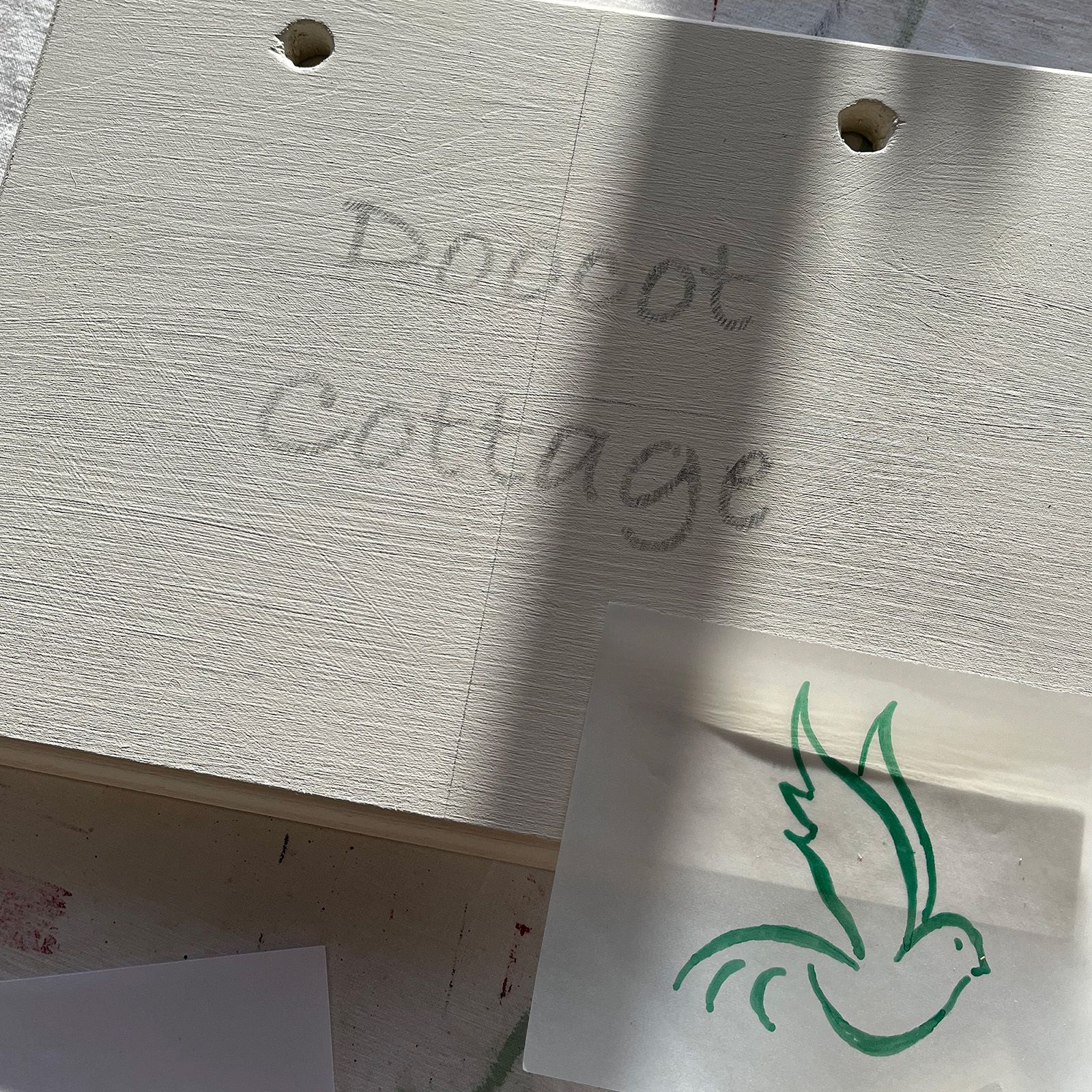 Font scaled up onto bespoke cottage sign by Helen Bateman, decorative artist
