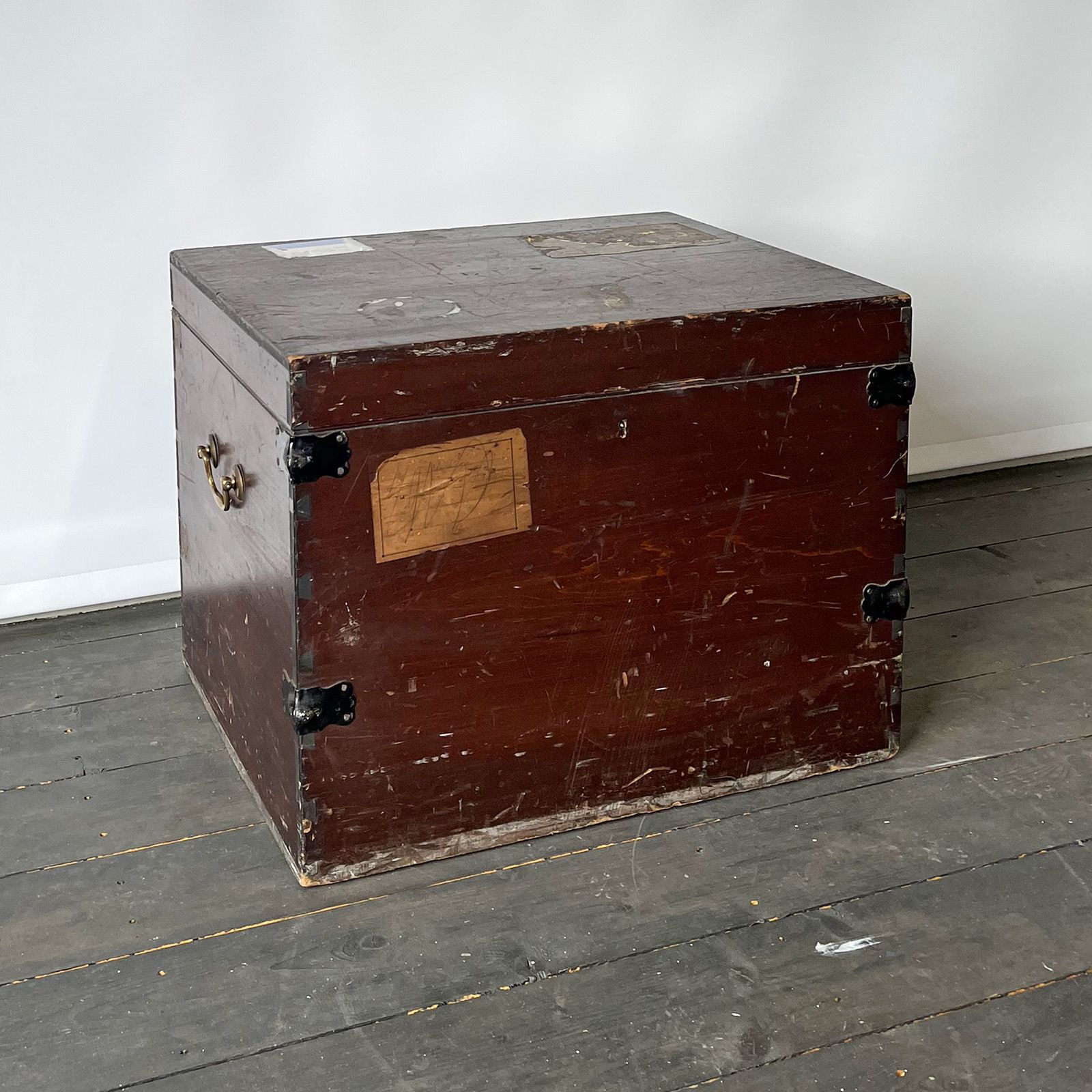 An old brown luggage chest before being upcycled. Photographed in Helen Bateman's  Edinburgh Studio.
