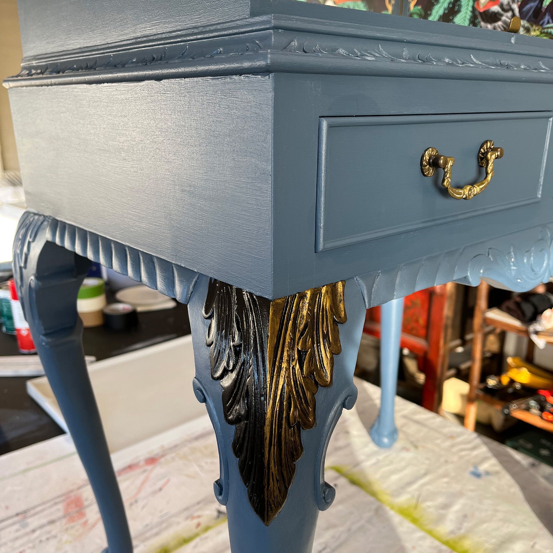 Brass paint effect on blue cocktail cabinet legs by Helen Bateman Upcycled