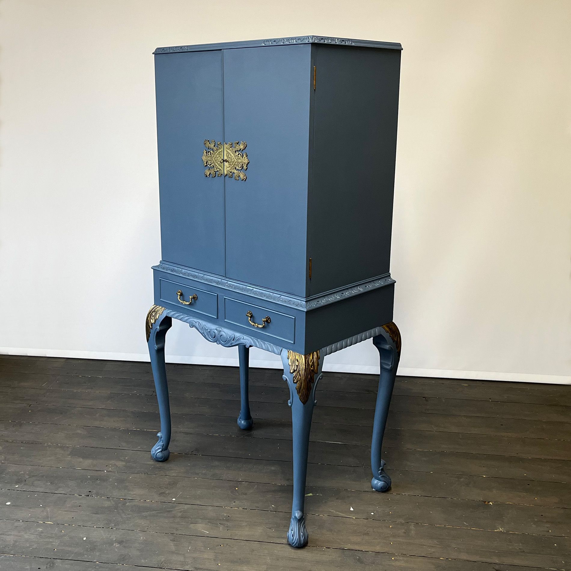 Exterior of upcycled blue cocktail cabinet. Image taken in Helen's Edinburgh studio