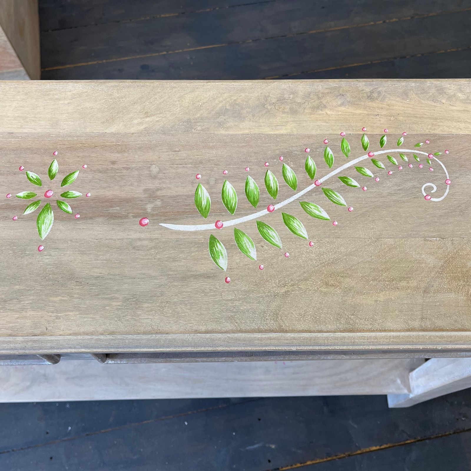 handpainted colours on fern console by Helen Bateman decorative artist.