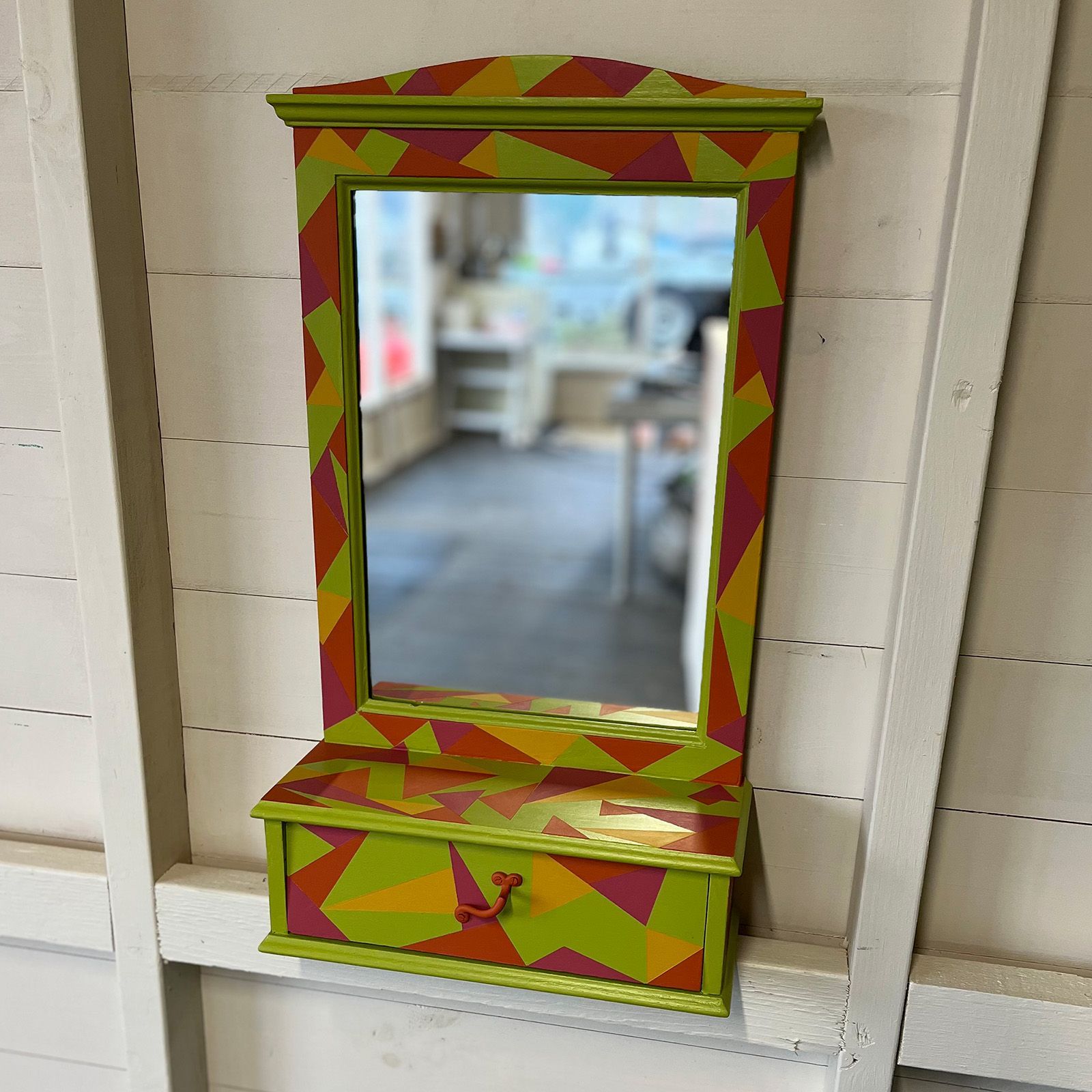 Mirror with drawer, upcycled with paint in carnival colours.