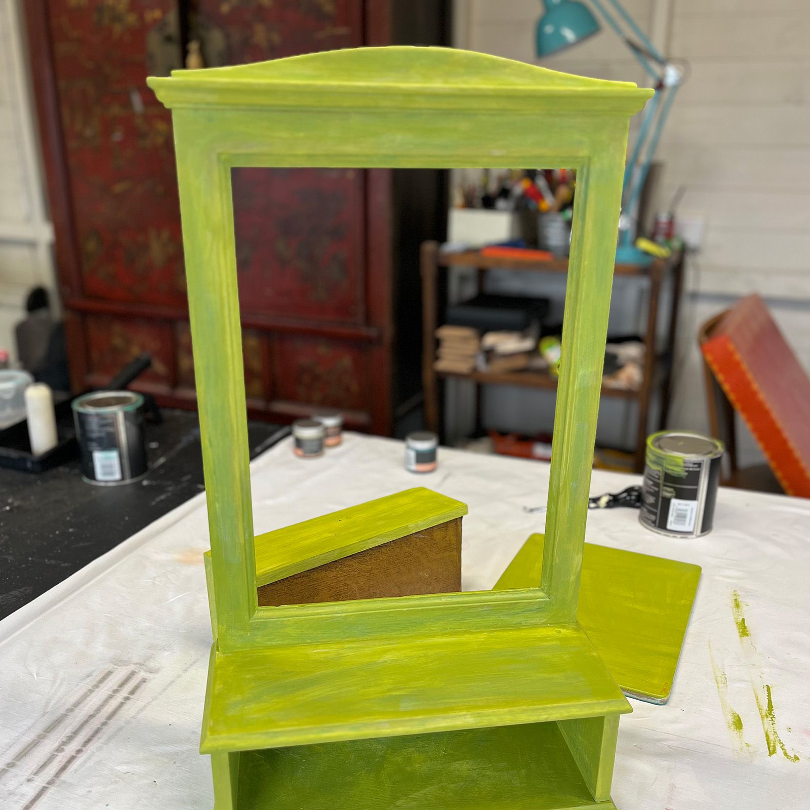 Having removed the mirror this base coat is a Asin Lime green.