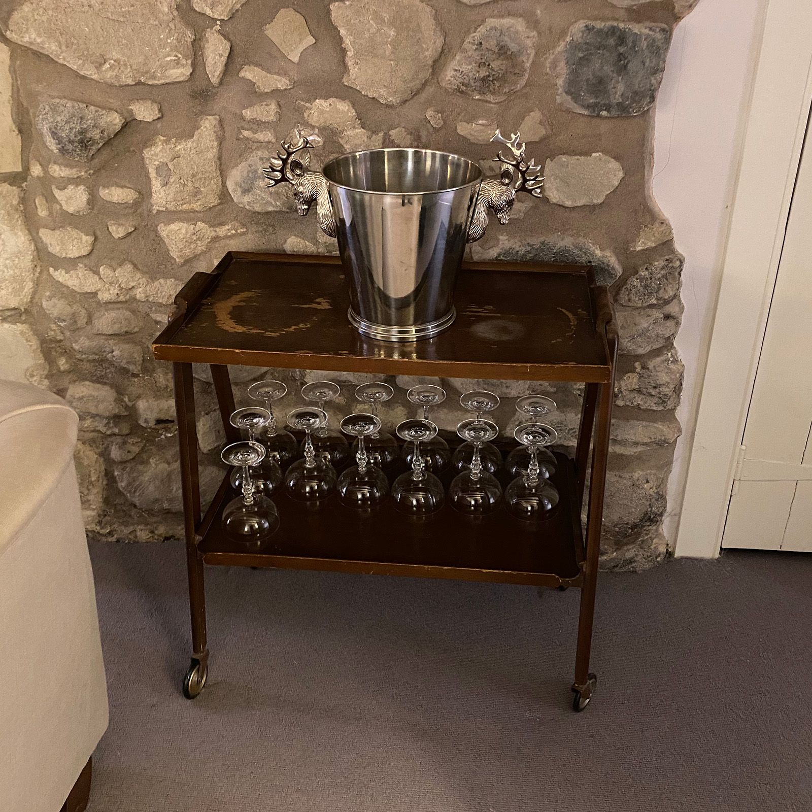Retro drinks trolley before being transformed into shiny red by Helen Bateman