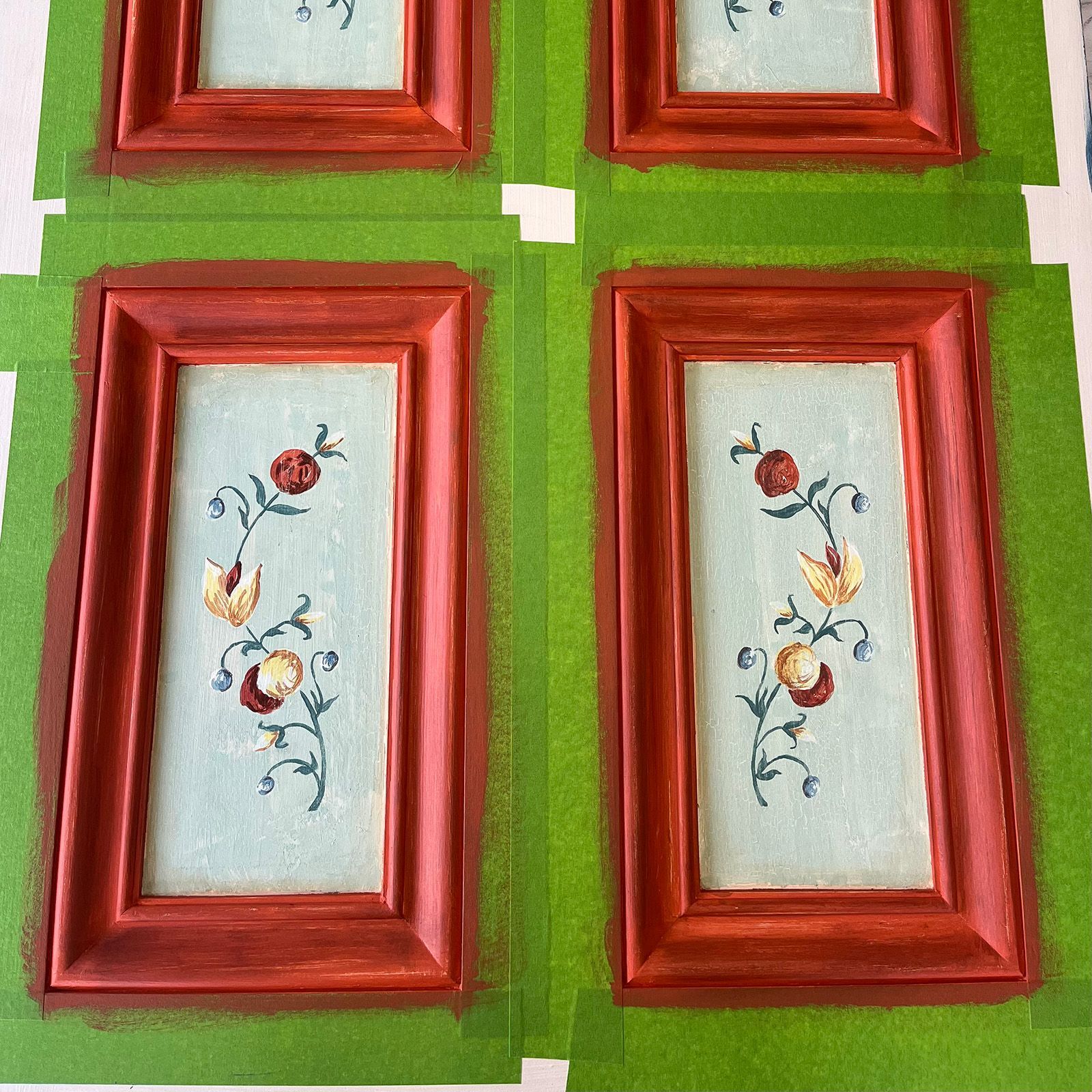 Red borders and handpainted floral panels by Helen Bateman decorative artist