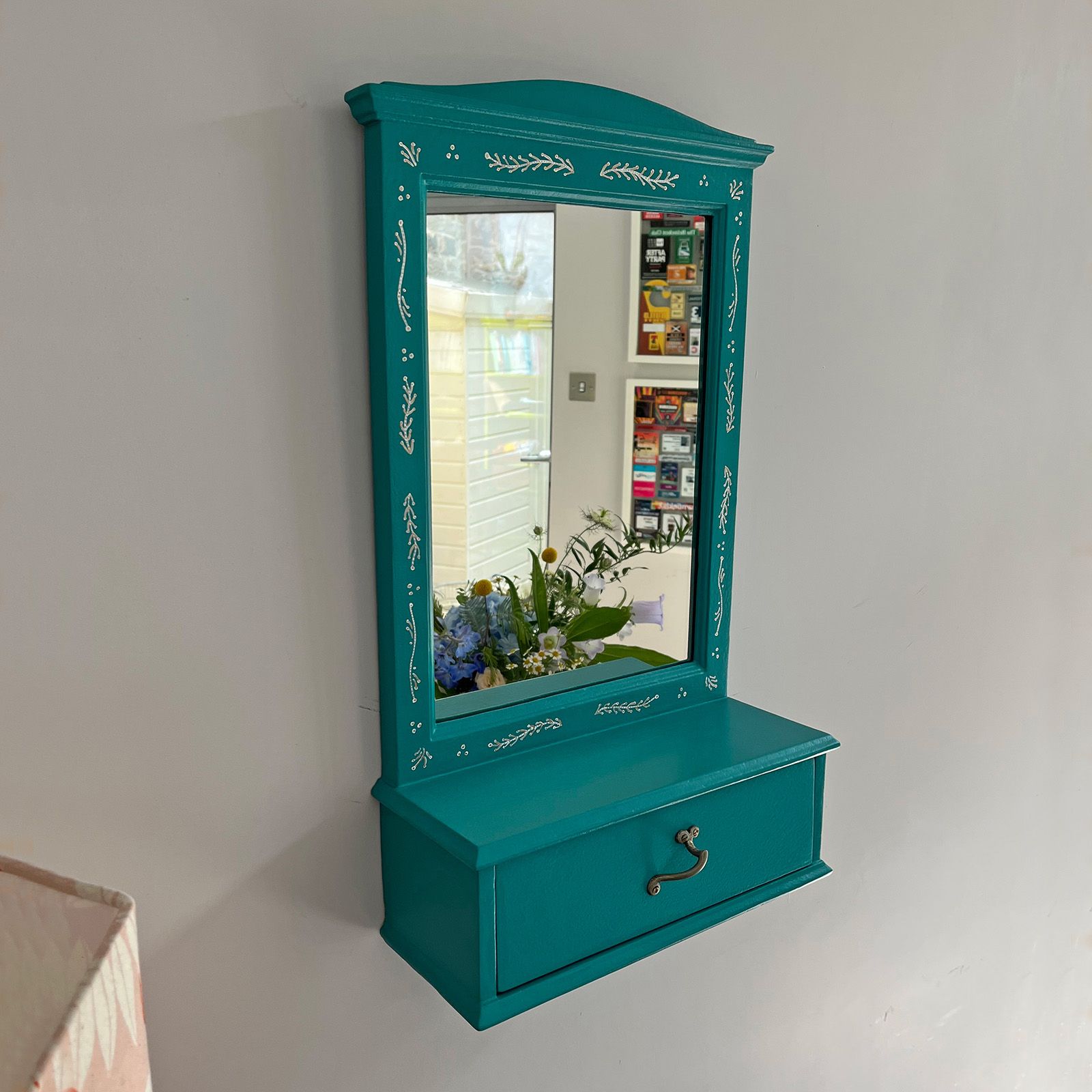 Wall mirror with drawer  in peacock blue