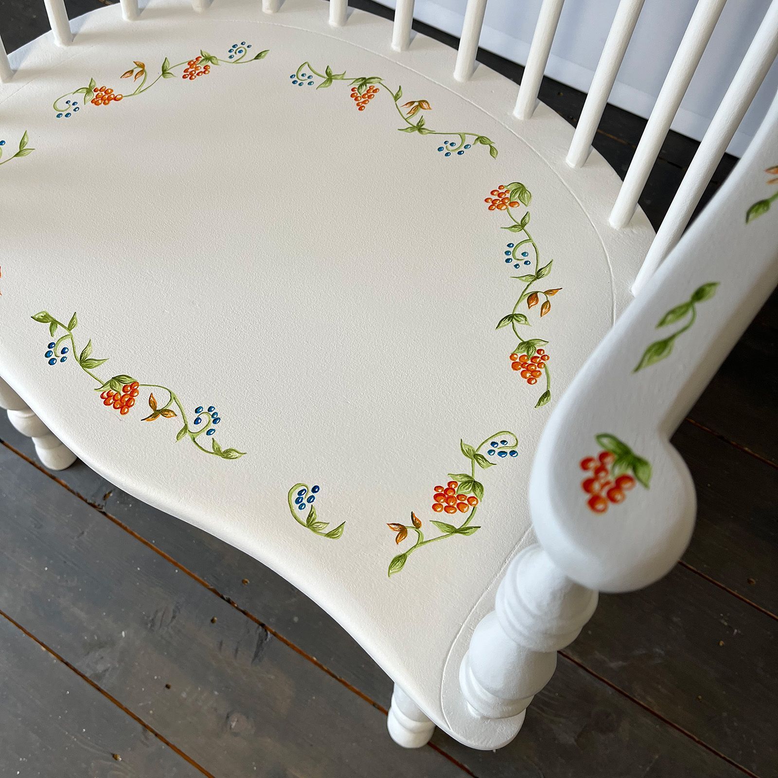 Detail of berry design on upcycled Windsor chair