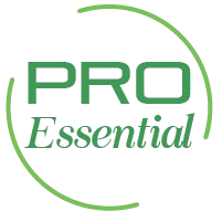 El logotipo de Pro Essential es un círculo verde con las palabras 