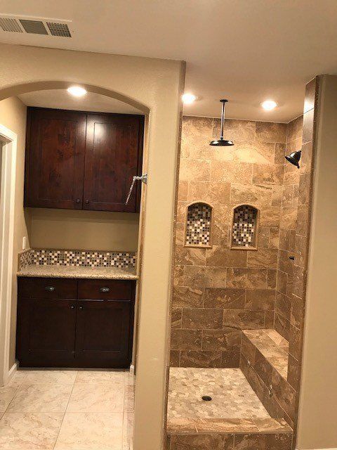 Bathroom Tile Installation — Bathroom Cabinet Beside Shower Room in Riverside, CA