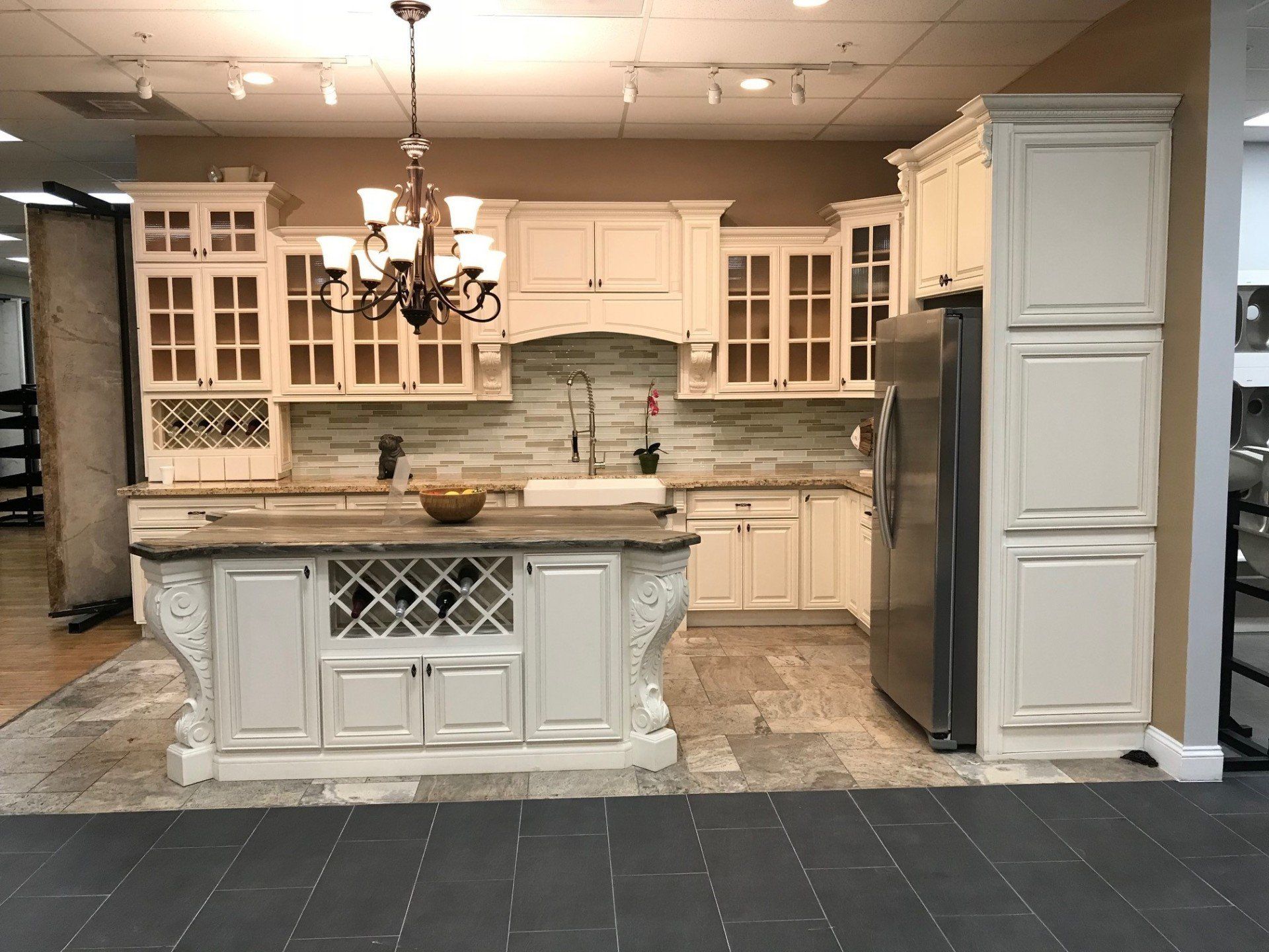 Elegant Kitchen With Chandelier And Refrigerator — Riverside, CA — Vallin Bros Contractors