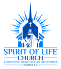 Blue church logo with Jesus figure, rays, spire, text 