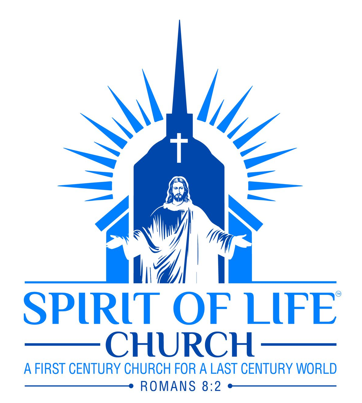 Blue church logo with Jesus figure, rays, and text: Spirit of Life Church.