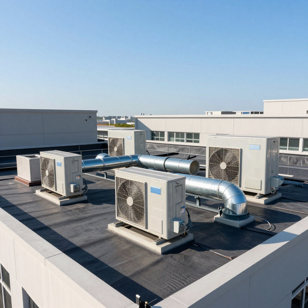 Rooftop HVAC units and silver ductwork on a flat commercial building under a clear blue sky