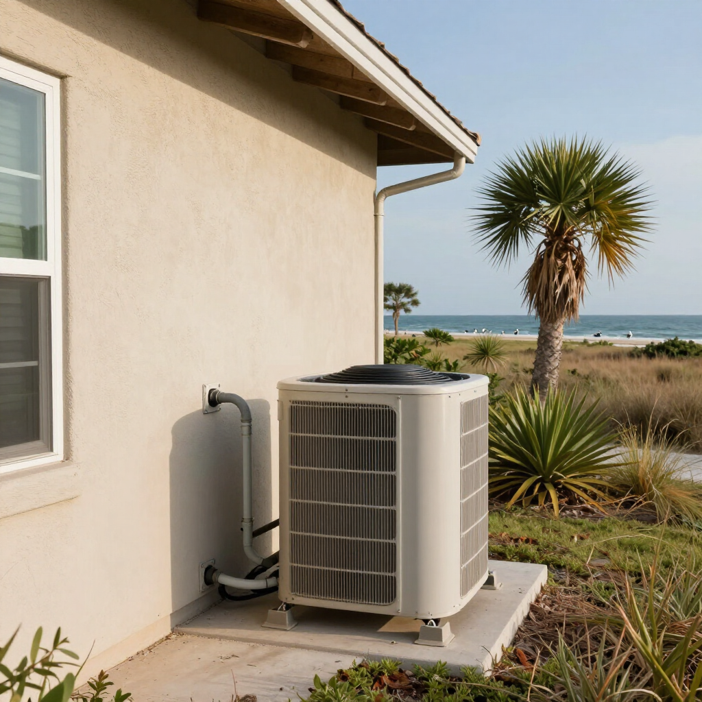 Outdoor HVAC unit beside a stucco house with ocean and palm tree in the background