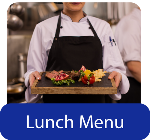 Image of chef holding a wooden cutting board with overlay of text stating View Our Lunch Menu