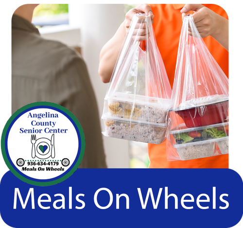 Person holding two clear plastic bags with food containers, has text overlay that says View Our Meal On Wheels Menu