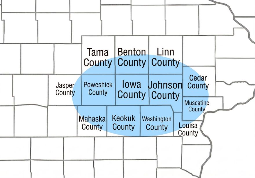 A map of Iowa highlighting a cluster of counties in the east-central region with a blue oval.