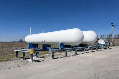 Two large, white horizontal propane storage tanks supported by blue metal stands in an open field under a blue sky.
