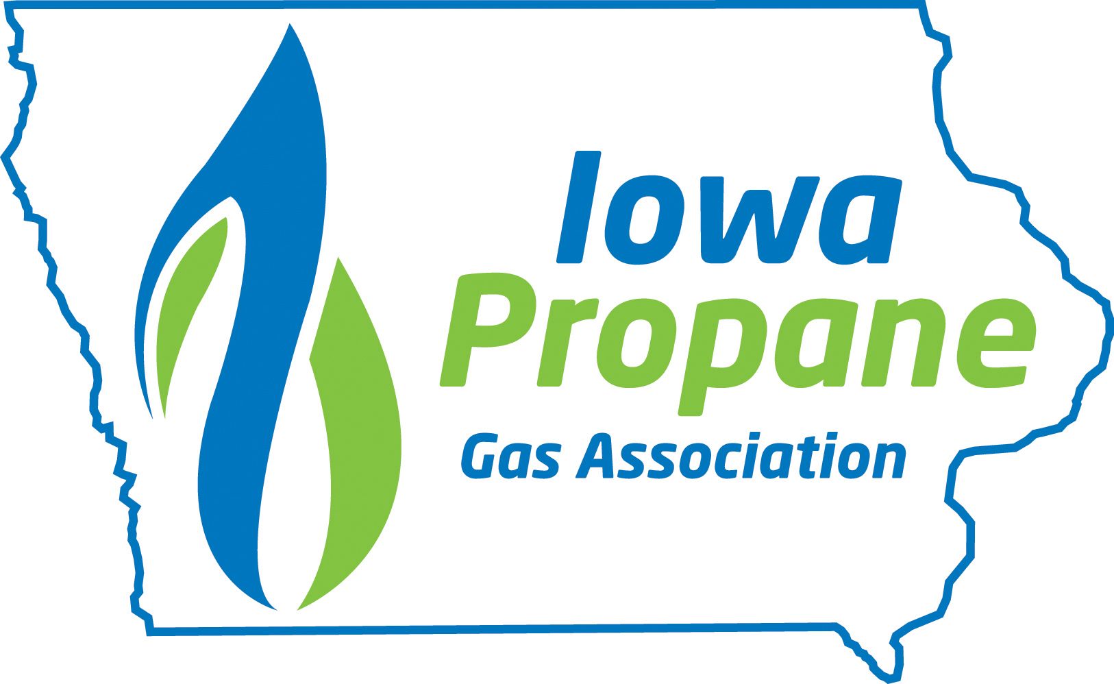 Logo for the Iowa Propane Gas Association, featuring blue and green flame icons against a blue outline of Iowa.