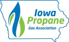 Logo for the Iowa Propane Gas Association, featuring blue and green flame icons against a blue outline of Iowa.