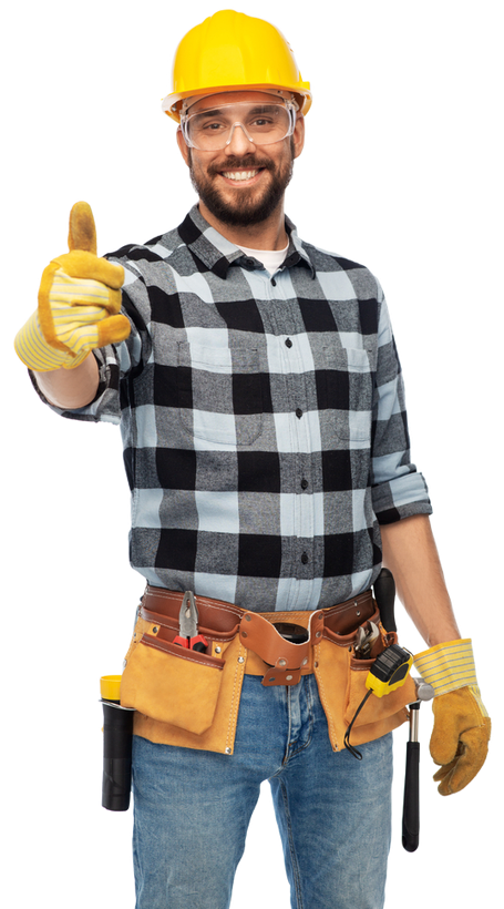Construction worker in yellow hard hat and gloves, smiling and giving a thumbs-up, with tools on a belt.