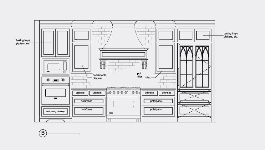 A black and white drawing of a kitchen with cabinets and appliances