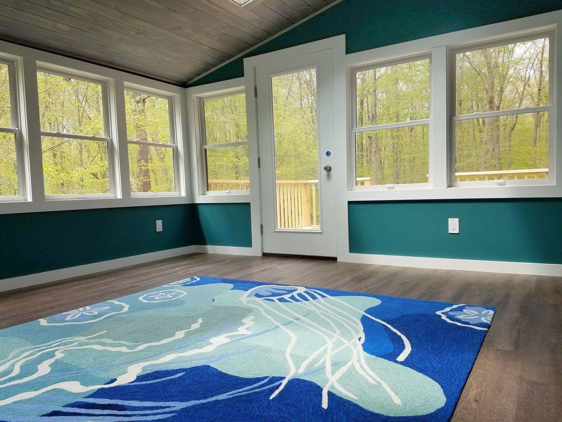 An empty room with blue walls and a blue rug