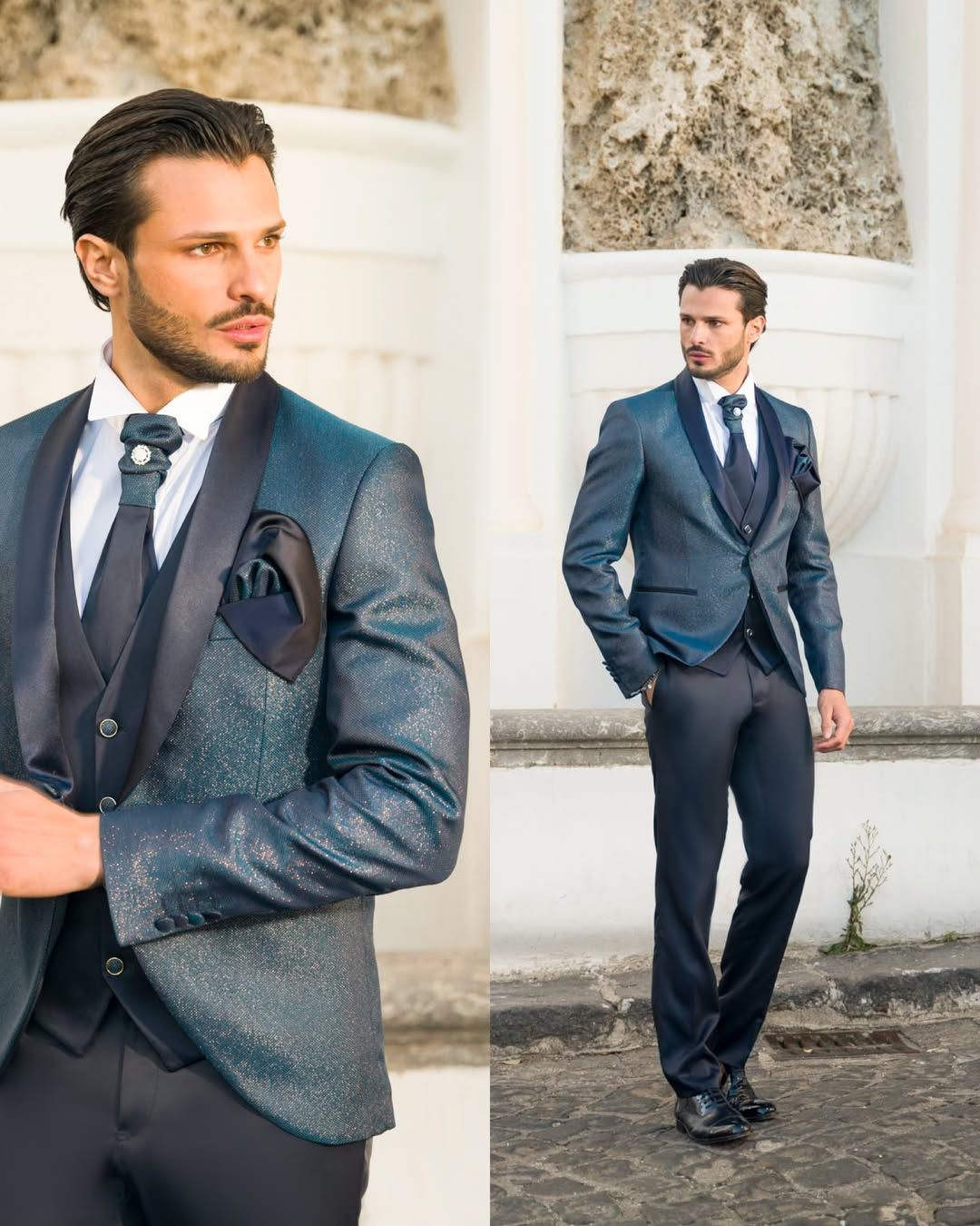 Un uomo in giacca e cravatta è in piedi davanti a un edificio.