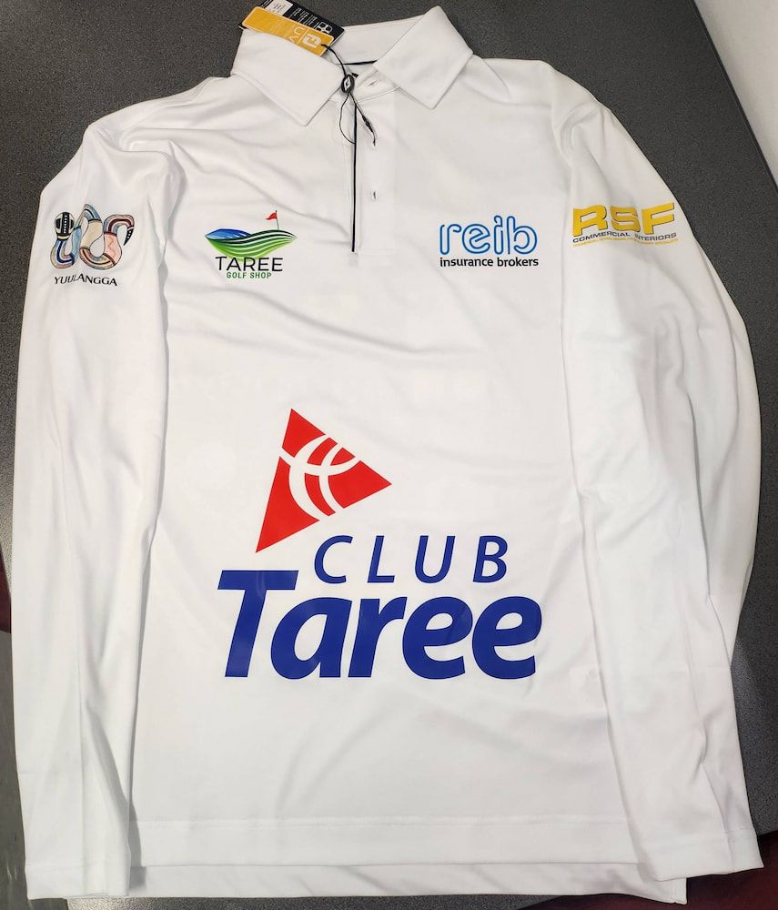 White Long-Sleeve Polo Shirt With Logos — Workwise Clothing Forster in Forster, NSW