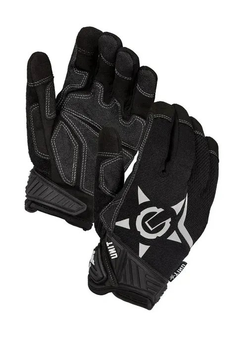 Black and Gray Work Gloves With Reinforced Palms and Unit Logo on the Back — Workwise Clothing Forster in Forster, NSW
