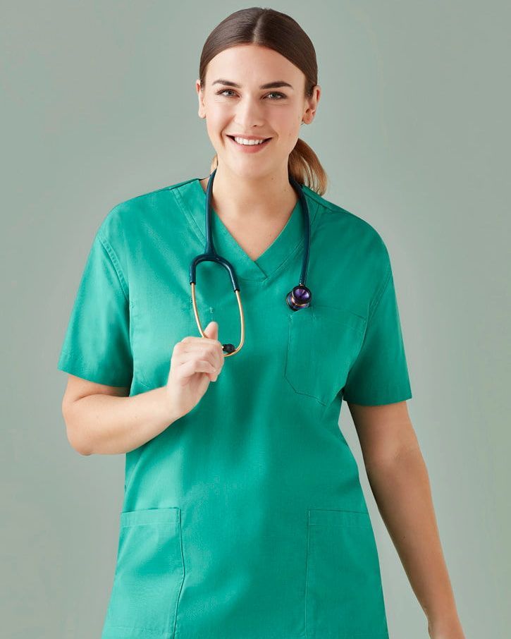 Woman in Green Scrubs With Stethoscope, Smiling — Workwise Clothing Forster in Forster, NSW