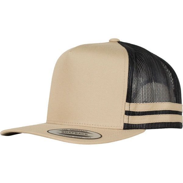 Tan and Black Trucker Hat With Flat Brim — Workwise Clothing Forster in Forster, NSW